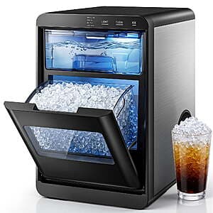 Stainless steel and black countertop nugget ice maker with touch screen display and compact design for kitchen or office use.