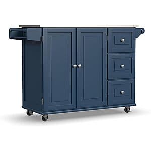 Blue mobile kitchen island cart with stainless steel top surface and storage compartment.