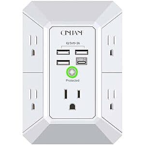 QINLIANF 3-Prong Outlet Extender w/ 1680J Surge, 5x AC, 3x USB-A, 1x USB-C $10