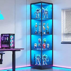 Black BROTTAR 4-tier corner display cabinet with tempered glass acrylic doors and integrated 3-color LED lighting.