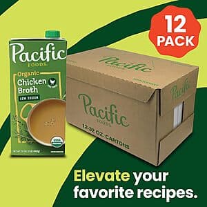 12-Pack 32oz. Pacific Foods Organic Free Range Chicken Broth (Low Sodium) $13.45 w/ Subscribe & Save
