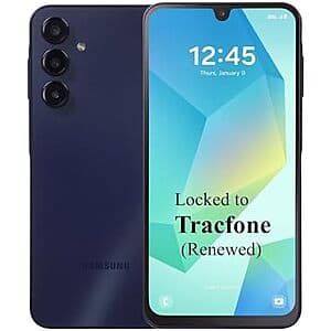 Renewed: Samsung Galaxy A16 5G Smartphone + 1-Yr Tracfone Svc (1500 Talk/Txt/Data) $40 + Free S&H