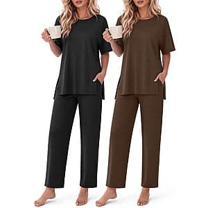 2-Pk 2-Pc Ekouaer Women's Short Sleeve Top & Long Pants Lounge Set $19