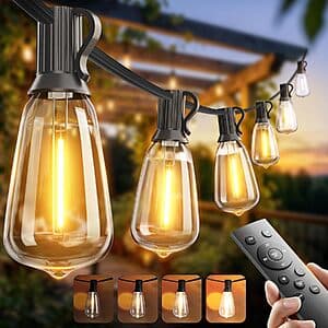 100-foot string of outdoor waterproof LED lights with dimmable warm white bulbs, coiled display showing the full length of weatherproof wiring.