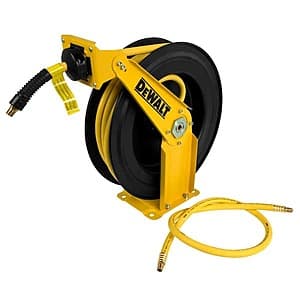 3/8" x 50-foot auto-retracting air hose reel with double arm design mounted on a white wall bracket.