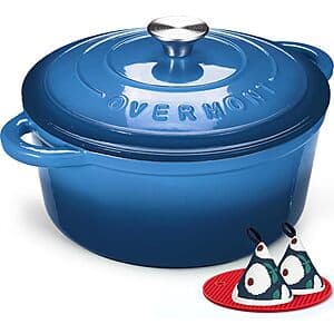 7-Qt Overmont Enameled Cast Iron Dutch Oven w/ Lid + Potholder (Sapphire Blue) $40 & More + Free S&H