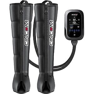 CINCOM cordless leg massager with LCD control panel, 5-zone air compression chambers, and black carrying bag.