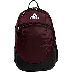 Maroon adidas Striker II 28L team backpack with front pockets and carrying straps.