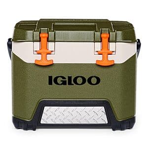 Green and orange Igloo BMX 25 quart cooler with handle and lid, suitable for camping and outdoor activities.
