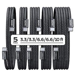 5-Pack LISEN 60W USB-C Charging Cables (2x 3.3', 2x 6.6' + 10') $8.60