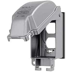 Gray vertical weatherproof outlet cover with protective flip cover for outdoor use.