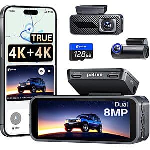 Pelsee S1 Pro Dual Native 4K Front & 4K Rear Dash Cam w/ GPS & 128GB mSD $75 + Free S&H