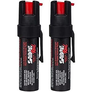 Two black compact pepper spray canisters, each 0.67 ounces, from SABRE RED brand.
