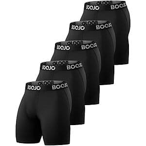 Five pairs of black BOJIU men's compression shorts displayed together.