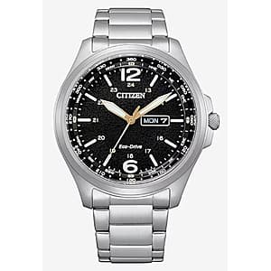 Silver-tone stainless steel Citizen ECO-DRIVE men's watch with compass dial, date window, and matching bracelet band.