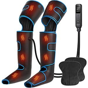 CINCOM corded leg massager with black compression sleeves and control panel featuring heat and compression settings.