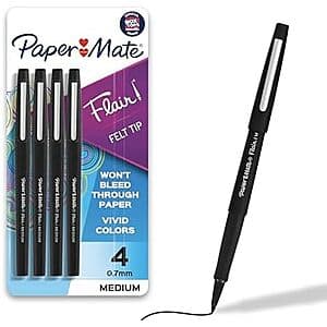4-count pack of Paper Mate Flair medium point felt tip pens in black with distinctive barrel design.