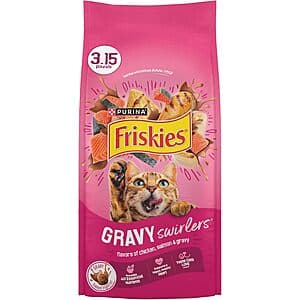 Purina Friskies Gravy Swirl'd dry cat food bag in chicken, salmon and gravy flavor, 3.15 lb size.