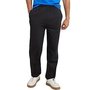 Black Hanes Men's EcoSmart sweatpants with relaxed fit, straight leg, and open hem design in thick fleece material.