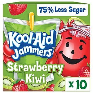 Box of 10 Kool-Aid Jammers Strawberry Kiwi drink pouches, 6 oz each, with pink and purple strawberry kiwi branding on packaging.