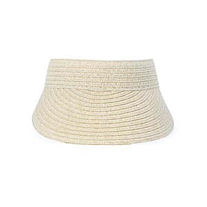 Light natural and black 100% FSC paper straw visor hats for women with adjustable sizing.