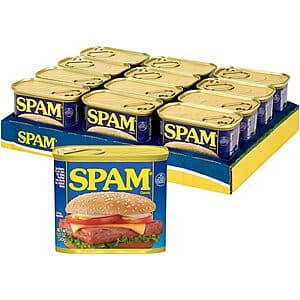 12-pack of 12-ounce SPAM canned meat in Classic or 25% Less Sodium variety.