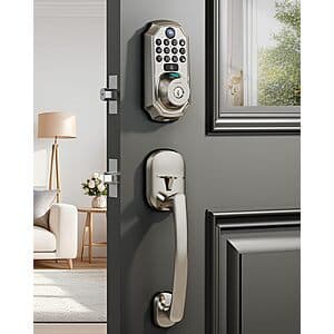 Silver ARPHA 5-in-1 WiFi smart lock with integrated camera and handle set mounted on a door.