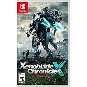 Xenoblade Chronicles X Nintendo Switch game case featuring sci-fi artwork with giant robot mechs and alien planet landscape.