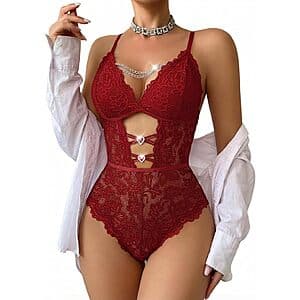 Avidlove Women's One-Piece Lace Lingerie w/ Removable Chain & Rhinestone Cutout $5