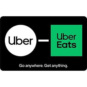$100 Uber and Uber Eats digital gift card with $15 bonus promotional badge.