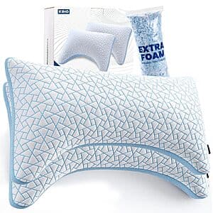 Two King Size adjustable pillows with white/cream colored covers filled with shredded memory foam, designed for customizable firmness and height.