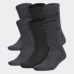 Six pairs of adidas men's athletic cushioned crew socks in dark color, displayed as a bundle pack in medium/large size.