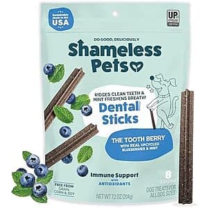 7.2-ounce package of Shameless Pets Dental Treats for Dogs in The Tooth Berry flavor with purple and blue packaging.