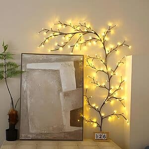 Brown willow vine fairy lights with 144 LEDs on 18 branches, 7.5 feet long, featuring bark texture and warm ambient lighting suitable for bedroom décor.