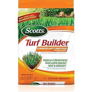 13.35-lb bag of Scotts Turf Builder SummerGuard Lawn Food with Insect Control in red and green packaging.