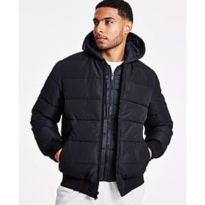Men's hooded puffer bomber jacket in dark color with zip closure and quilted puffer design.