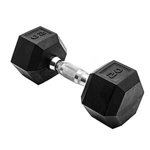 CAP Barbell rubber hex dumbbell with textured grip and hexagonal shape for stable placement.