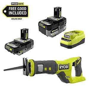 RYOBI ONE+ 18V cordless reciprocating saw with 4.0Ah and 2.0Ah batteries and charger in red and black casing.