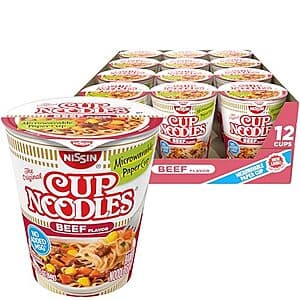 12-Pack 2.25oz Nissin Cup Noodles Ramen Noodle Soup (Beef) $4.20 w/ Subscribe & Save