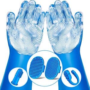 6-piece pet grooming kit including grooming gloves, bath brushes, and finger toothbrushes in packaging.