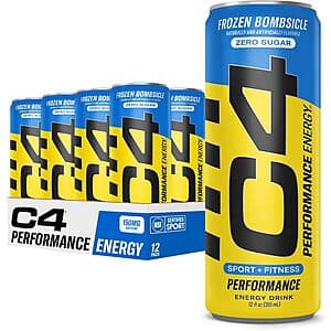 12-pack of C4 Energy Drink in 12-ounce cans with Frozen Bombsicle flavor blue and white packaging.
