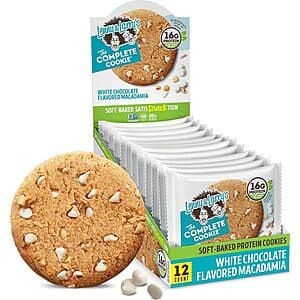 12-pack box of Lenny & Larry's Complete Cookie in White Chocolate Macadamia flavor with prominent branding on the packaging.