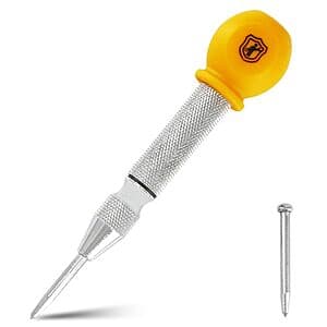 MulWark 5-inch automatic center punch set showing the main punch tool, spare metal tips and springs, and black carrying case.