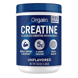 White plastic container of Orgain Micronized Creatine Monohydrate unflavored powder with included scoop, 23.8 oz size.