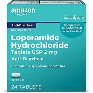 24-Count Amazon Basic Care 2mg Loperamide Hydrochloride Anti-Diarrheal Tablets $2.25 w/ Subscribe & Save