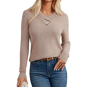 Grace Karin long sleeve sweater with V neck collar and button front in neutral tone.