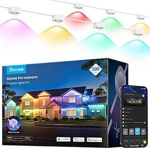 Govee 200-foot outdoor IP67 LED light strip with 120 RGBIC colour-changing lights, available in white or black finish.