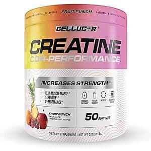 Cellucor Micronized Creatine Monohydrate Powder container in Fruit Punch flavor with 50 servings marked on packaging.
