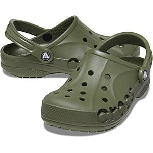 Crocs Adult Baya Clogs in Army Green, Electric Pink, and Pepper Red colorways, showing the ventilated clog design with signature Crocs pivoting heel strap.