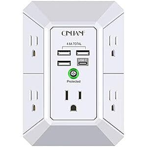 QINLIANF 3-Sided 3-Prong Surge Outlet Extender w/ 5x AC, 4x USB $9